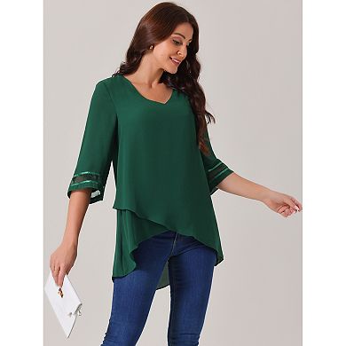 Women's V Neck 3/4 Bell Sleeve Mesh Panel Blouse Tops Asymmetrical Irregular Hem Casual Blouse