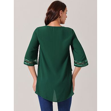 Women's V Neck 3/4 Bell Sleeve Mesh Panel Blouse Tops Asymmetrical Irregular Hem Casual Blouse