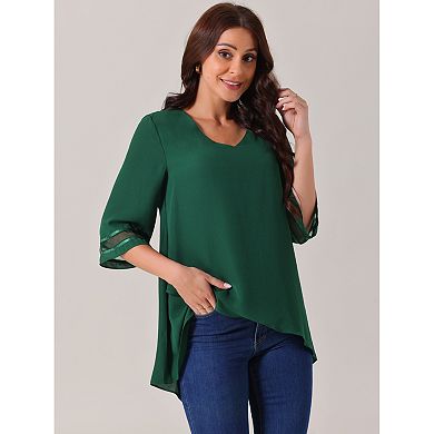 Women's V Neck 3/4 Bell Sleeve Mesh Panel Blouse Tops Asymmetrical Irregular Hem Casual Blouse