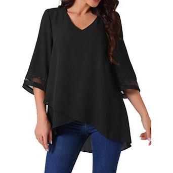 Women's V Neck 3/4 Bell Sleeve Mesh Panel Blouse Tops Asymmetrical Irregular Hem Casual Blouse