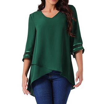 Women's V Neck 3/4 Bell Sleeve Mesh Panel Blouse Tops Asymmetrical Irregular Hem Casual Blouse