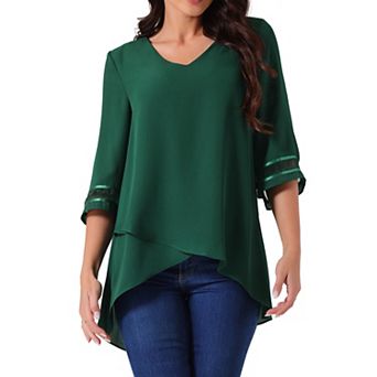 Women's V Neck 3/4 Bell Sleeve Mesh Panel Blouse Tops Asymmetrical Irregular Hem Casual Blouse