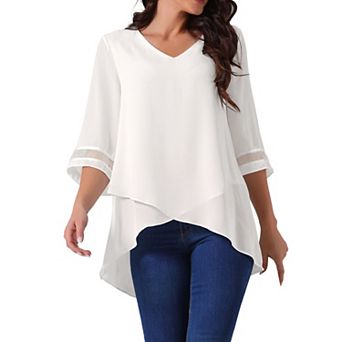 Women's V Neck 3/4 Bell Sleeve Mesh Panel Blouse Tops Asymmetrical Irregular Hem Casual Blouse