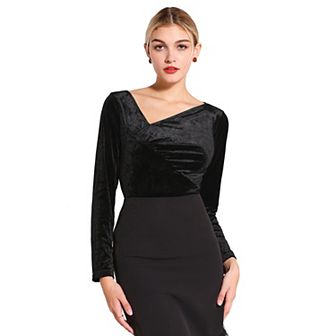Women's Slim Fitted Top Asymmetrical Neck Casual Long Sleeve Velvet Blouse