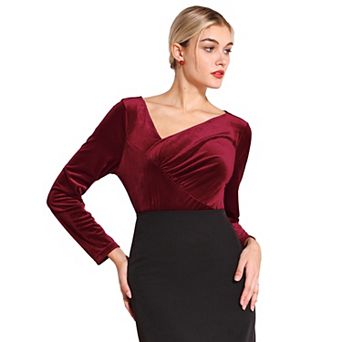 Women's Slim Fitted Top Asymmetrical Neck Casual Long Sleeve Velvet Blouse