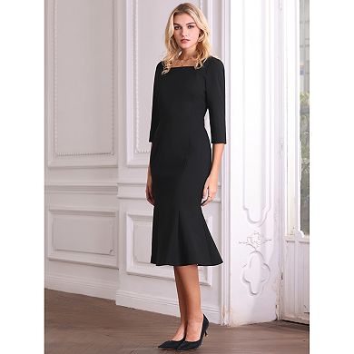 Women's Elgant Fishtail Dress Square Neck Belted 3/4 Sleeve Work Mermaid Dresses