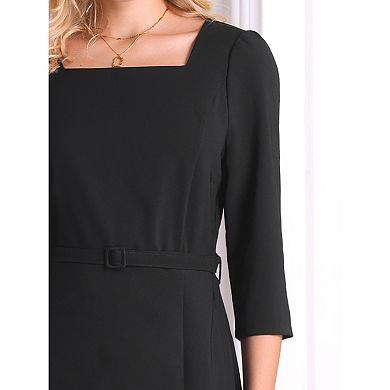 Women's Elgant Fishtail Dress Square Neck Belted 3/4 Sleeve Work Mermaid Dresses