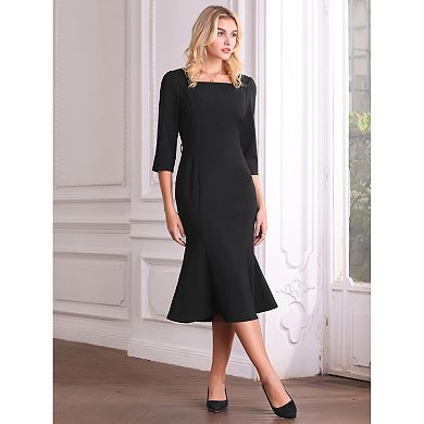 Women's Elgant Fishtail Dress Square Neck Belted 3/4 Sleeve Work Mermaid Dresses