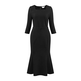 Women's Elgant Fishtail Dress Square Neck Belted 3/4 Sleeve Work Mermaid Dresses