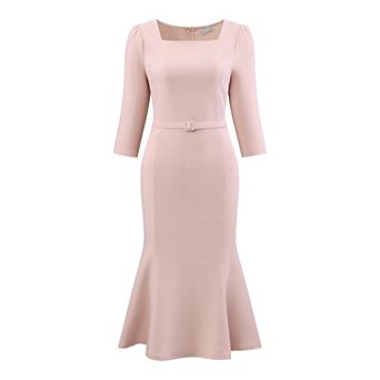 Women's Elgant Fishtail Dress Square Neck Belted 3/4 Sleeve Work Mermaid Dresses