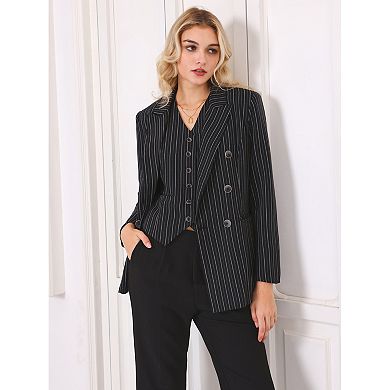 Women's Office Dressy Blazer Casual Double Breasted Striped Suit Jacket
