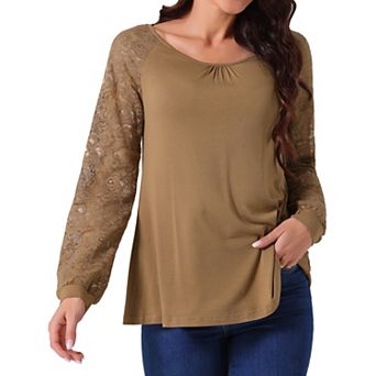 Women's Lace Long Sleeve Casual Tops Crewneck Fall Winter Blouses Shirts