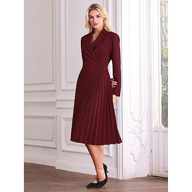 Women's Notch Lapel Wrap Neck Dress Long Sleeve A-Line Midi Pleated Dresses