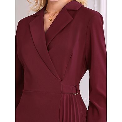 Women's Notch Lapel Wrap Neck Dress Long Sleeve A-Line Midi Pleated Dresses