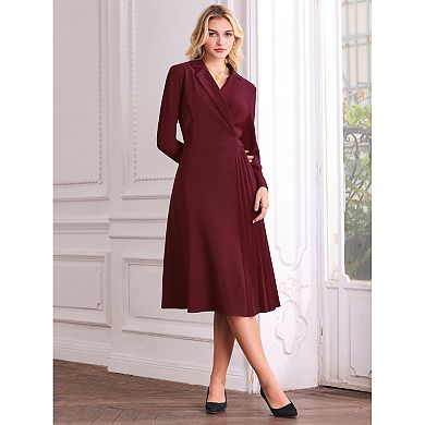 Women's Notch Lapel Wrap Neck Dress Long Sleeve A-Line Midi Pleated Dresses