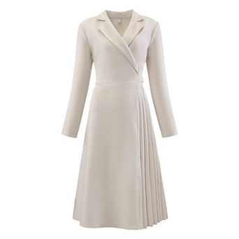Women's Notch Lapel Wrap Neck Dress Long Sleeve A-Line Midi Pleated Dresses