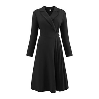 Women's Notch Lapel Wrap Neck Dress Long Sleeve A-Line Midi Pleated Dresses