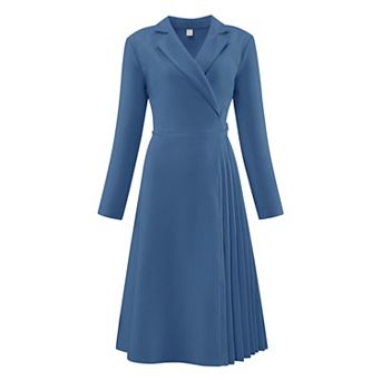 Women's Notch Lapel Wrap Neck Dress Long Sleeve A-Line Midi Pleated Dresses