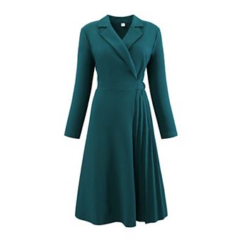 Women's Notch Lapel Wrap Neck Dress Long Sleeve A-Line Midi Pleated Dresses