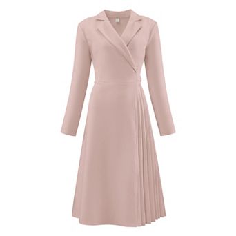 Women's Notch Lapel Wrap Neck Dress Long Sleeve A-Line Midi Pleated Dresses