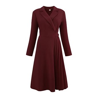 Women's Notch Lapel Wrap Neck Dress Long Sleeve A-Line Midi Pleated Dresses