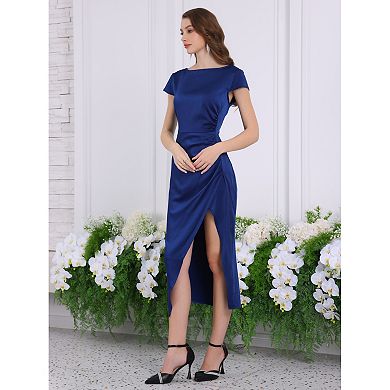 Women's Boat Neck Dress Party Cap Sleeve Side Split Ruched Satin Dresses