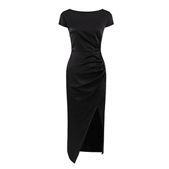 Women's Boat Neck Dress Party Cap Sleeve Side Split Ruched Satin Dresses