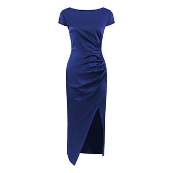 Women's Boat Neck Dress Party Cap Sleeve Side Split Ruched Satin Dresses