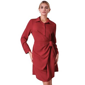 Women's Long Sleeve Shirt Dress Lapel Collar Faux Wrap Button Up Casual Work Short Dresses