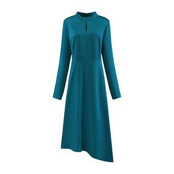 Women's Satin Dress Elegant Long Sleeve Mock Neck Keyhold A-line Dress