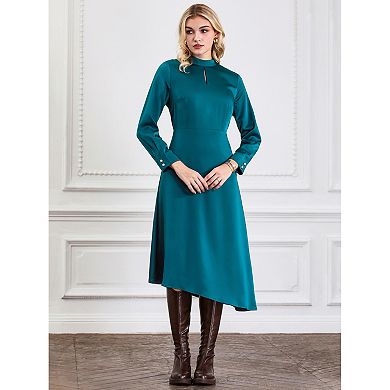 Women's Satin Dress Elegant Long Sleeve Mock Neck Keyhold A-line Dress
