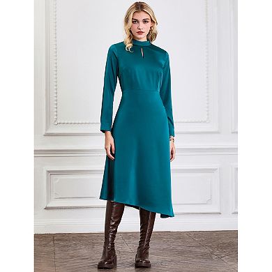 Women's Satin Dress Elegant Long Sleeve Mock Neck Keyhold A-line Dress