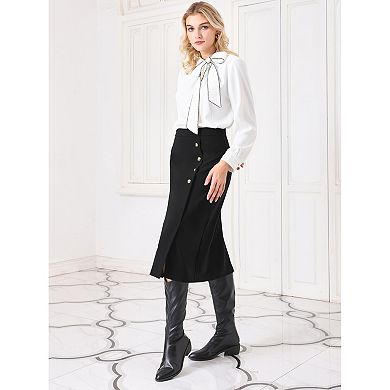 Women's Wear to Work Pencil Skirt Elastic High Waist Button Decor Midi Skirts