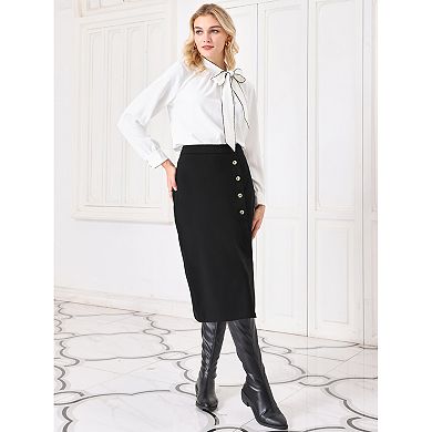 Women's Wear to Work Pencil Skirt Elastic High Waist Button Decor Midi Skirts