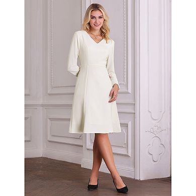 Women's Flare Dress V Neck Long Sleeve Belted Elegant Work Dresses
