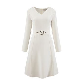 Women's Flare Dress V Neck Long Sleeve Belted Elegant Work Dresses