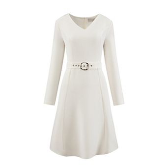 Women's Flare Dress V Neck Long Sleeve Belted Elegant Work Dresses