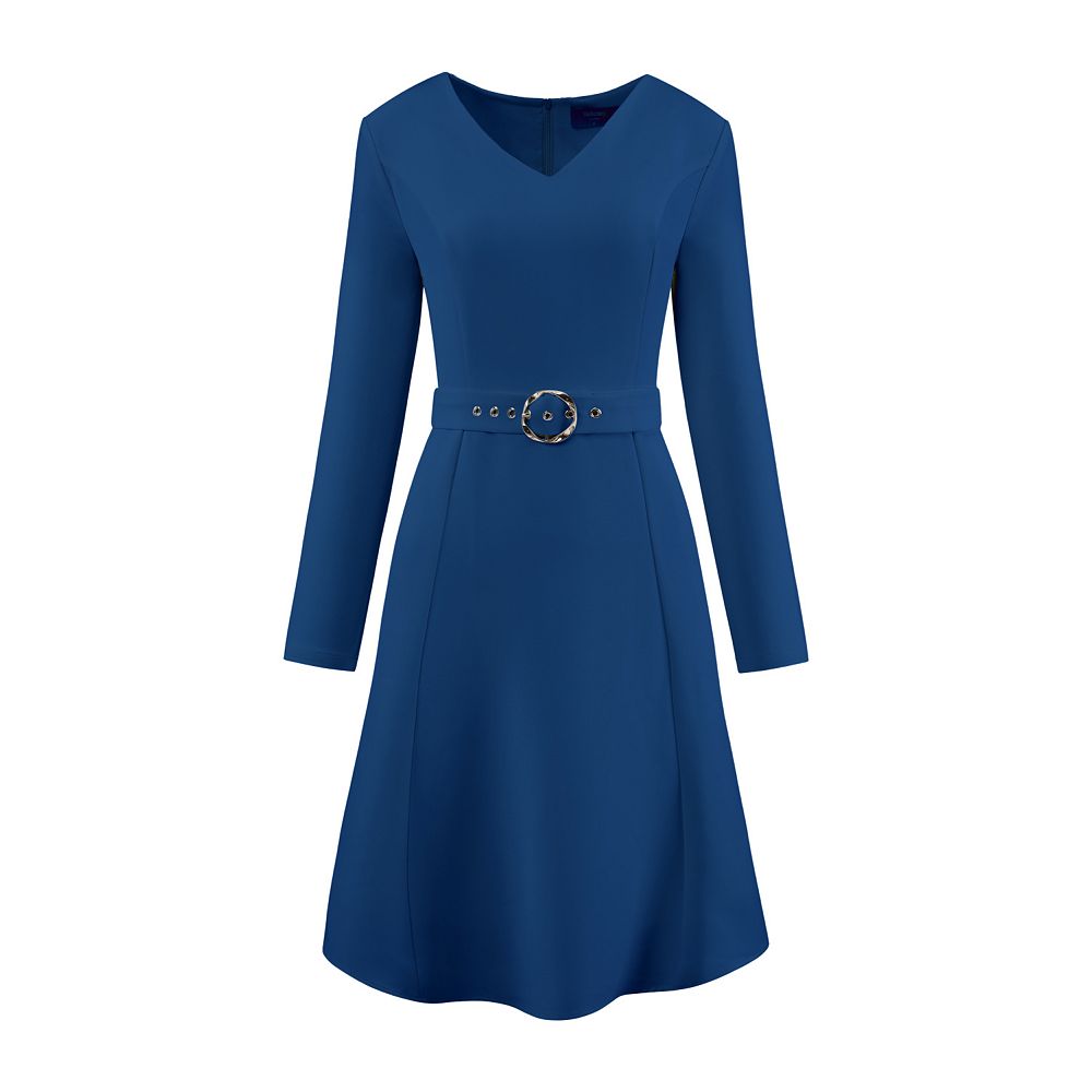 Women's dress pleated trapeze elegant V-neck belt work