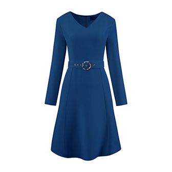 Women's Flare Dress V Neck Long Sleeve Belted Elegant Work Dresses