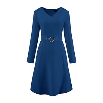 Women's Flare Dress V Neck Long Sleeve Belted Elegant Work Dresses