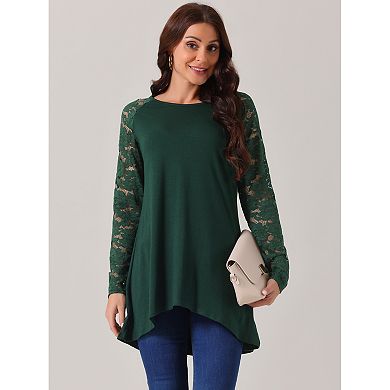 Women's Lace Long Sleeve Crewneck High Low Tops Asymmetrical Irregular Hem Blouse