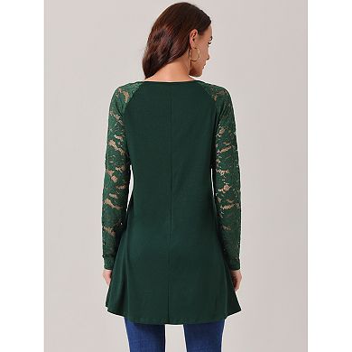 Women's Lace Long Sleeve Crewneck High Low Tops Asymmetrical Irregular Hem Blouse