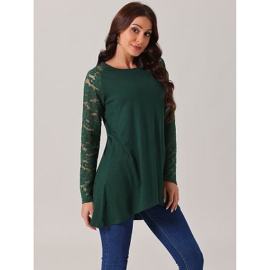 Women's Lace Long Sleeve Crewneck High Low Tops Asymmetrical Irregular Hem Blouse