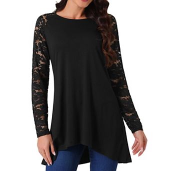 Women's Lace Long Sleeve Crewneck High Low Tops Asymmetrical Irregular Hem Blouse
