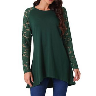 Women's Lace Long Sleeve Crewneck High Low Tops Asymmetrical Irregular Hem Blouse
