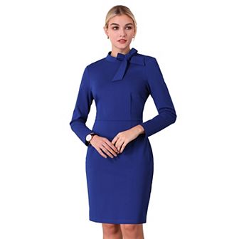 Women's Bowtie Neck Sheath Dresses Long Sleeve Knee Length Work Pencil Dress