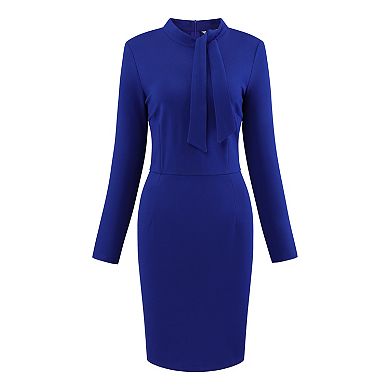 Women's Bowtie Neck Sheath Dresses Long Sleeve Knee Length Work Pencil Dress
