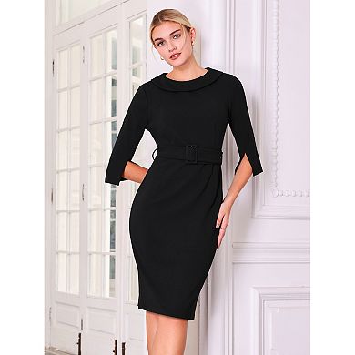 Women's Collared Sheath Dress Vintage Half Sleeve Pencil Dress with Belt
