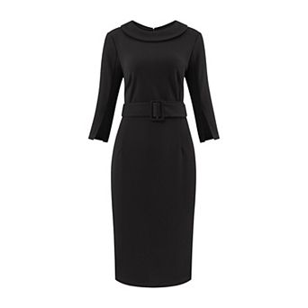 Women's Collared Sheath Dress Vintage Half Sleeve Pencil Dress with Belt