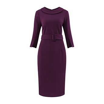 Women's Collared Sheath Dress Vintage Half Sleeve Pencil Dress with Belt